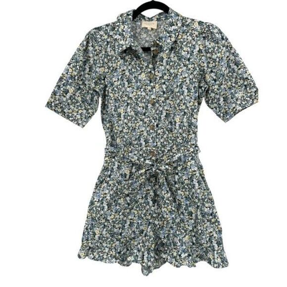 Sezane Pants - Sezane Green Floral Elise Collared Tie Waist Cotton Romper Size 34 /2